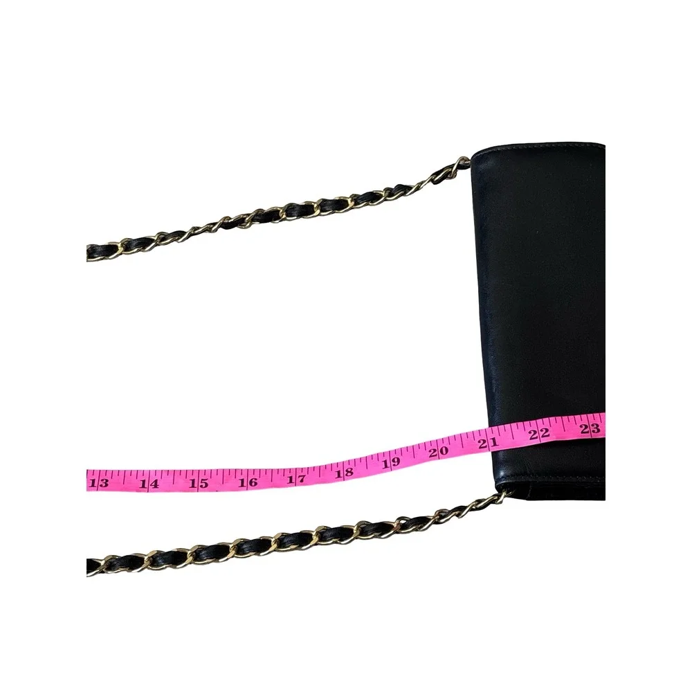 Monet Vintage Black Leather Crossbody Bag Gold‎ Chain Strap Small Envelope Purse